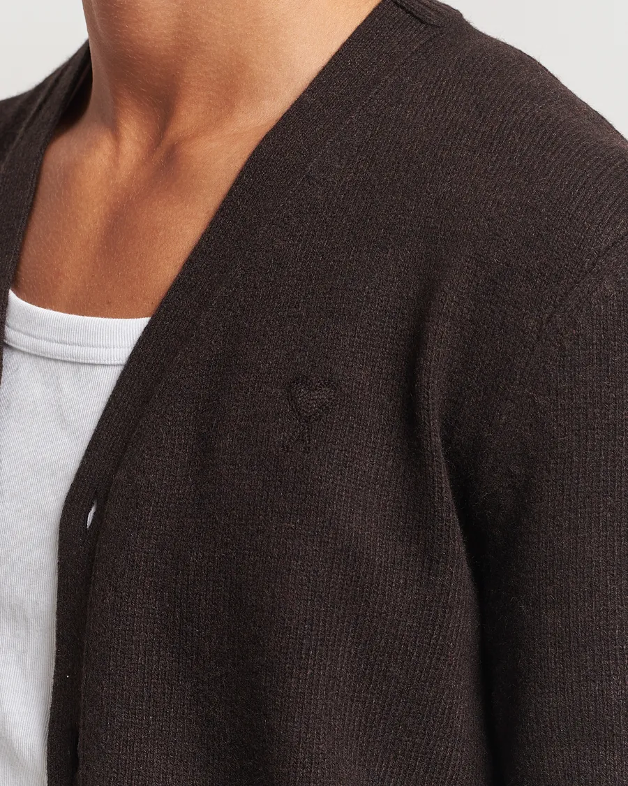 AMI Tonal Heart Logo Wool Cardigan Dark Coffee