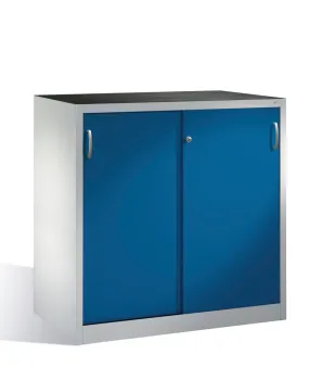 Armario de herramientas Cabo con puertas correderas, 2 estantes, A 1200, P 600, H 1200 mm, gris/azul