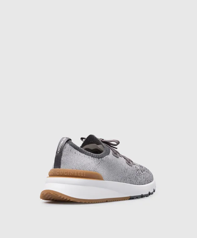 Brunello Cucinelli Gray sneakers with leather inserts with a textured logo