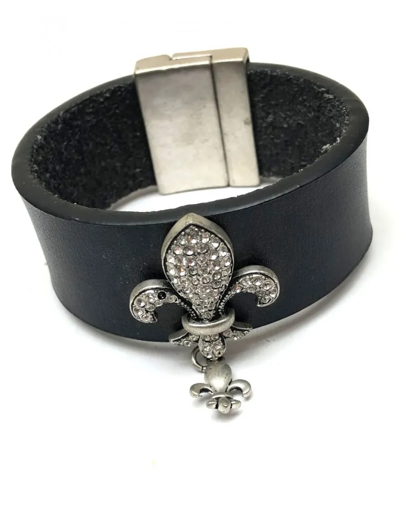 PULSERA  CUERO LISA ANCHA FLOR CRISTAL