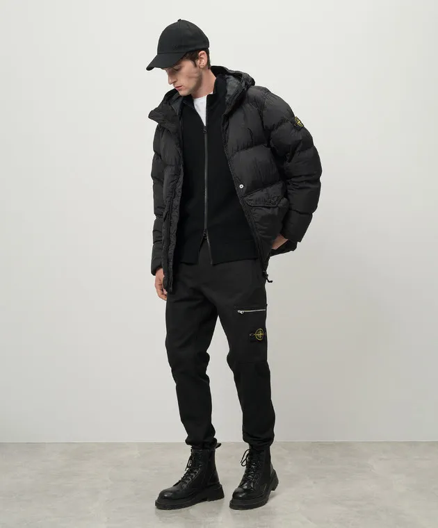 Stone Island Black wool cardigan with removable logo patch